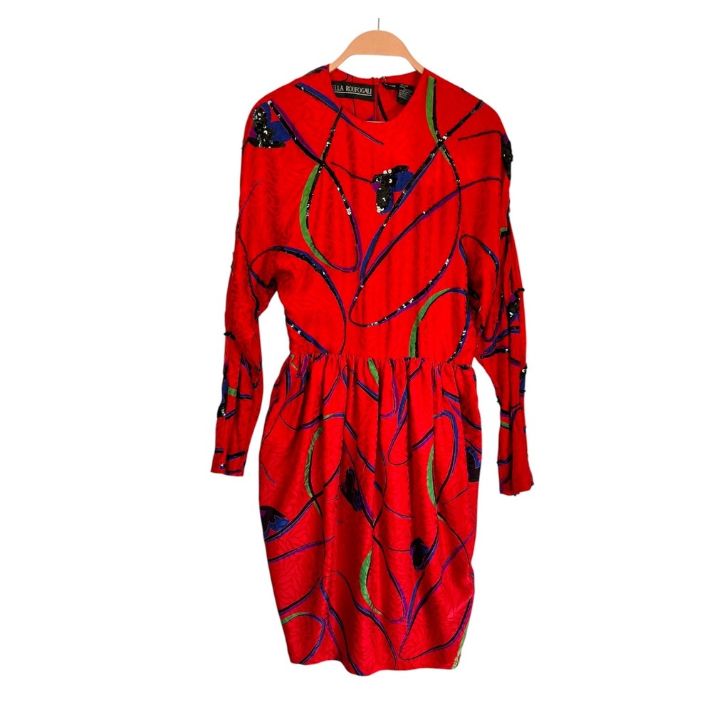 Vintage Della Roufogali 100% Silk Midi Dress Sz 10 80s Beaded Sequins Abstract